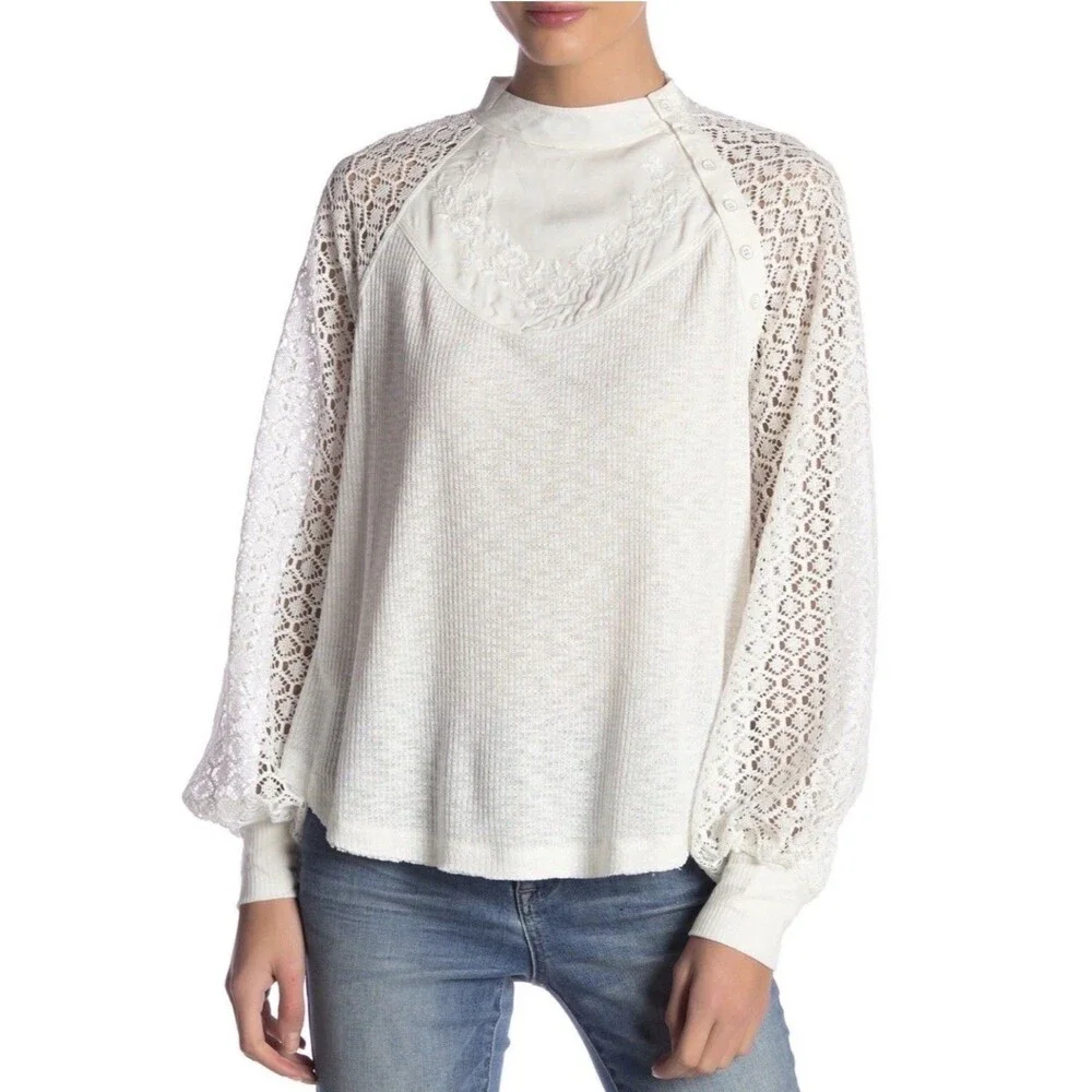Free People Sweetest Thing White Lace Thermal Top Sz Small Boho Balloon Sleeve